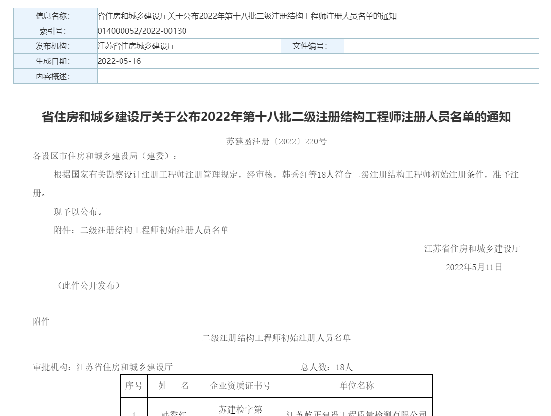 江苏省2022年第18批二级注册结构工程师注册人员名单的公告