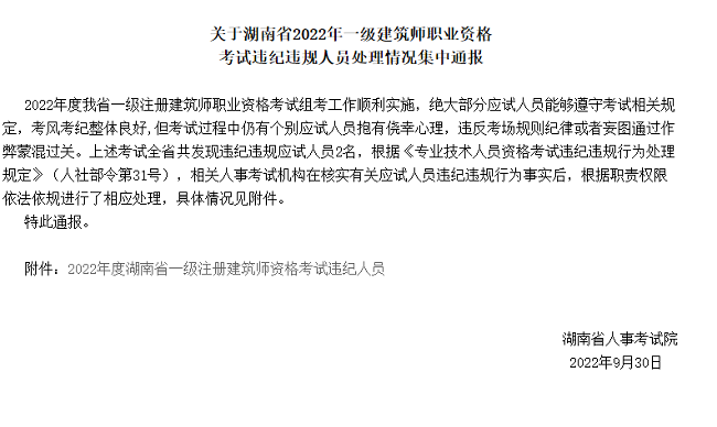 关于湖南2022年一级注册建筑师考试违纪违规人员的公告